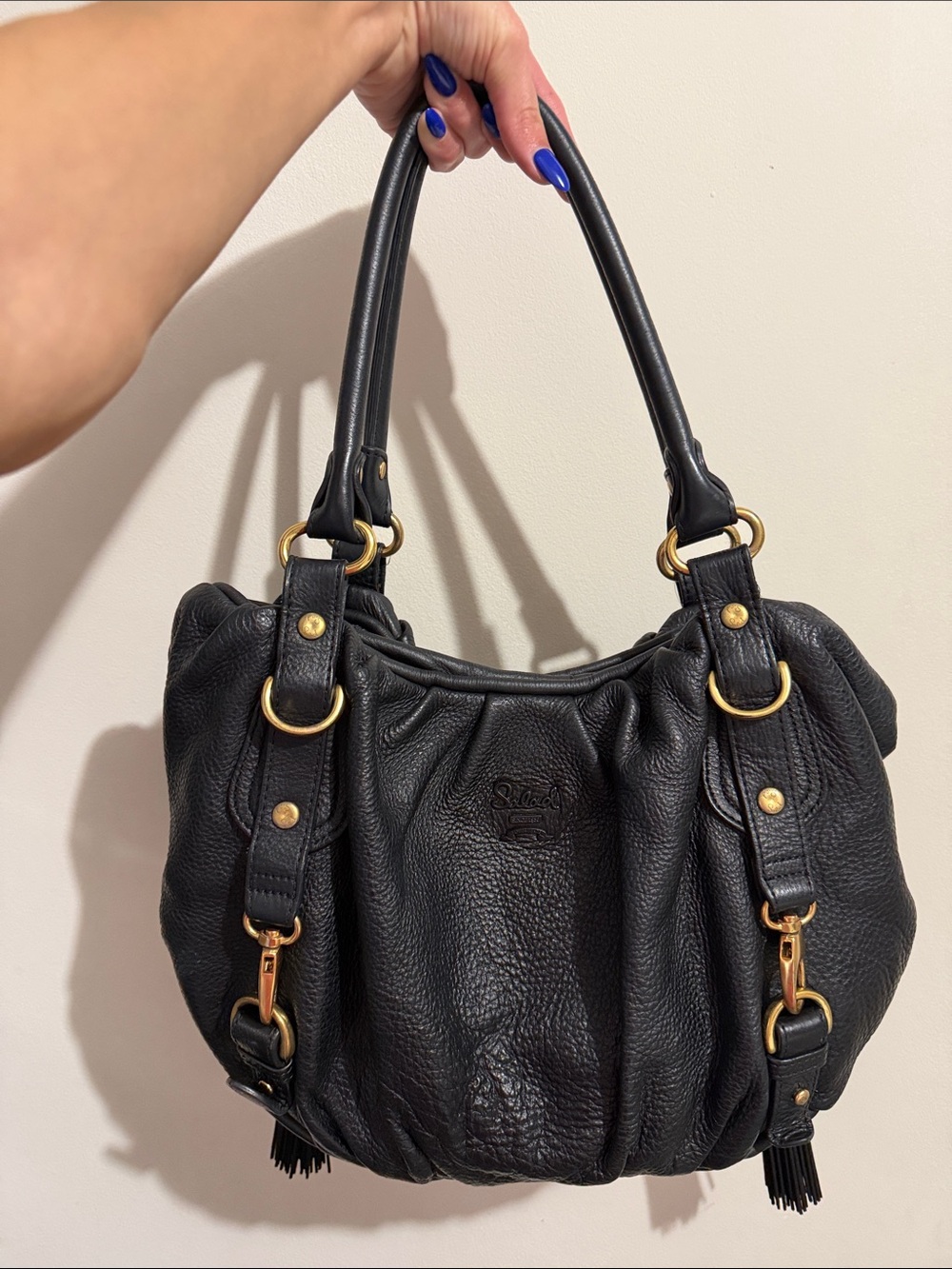 Black Leather Shoulder Bag with Gold Hardware -